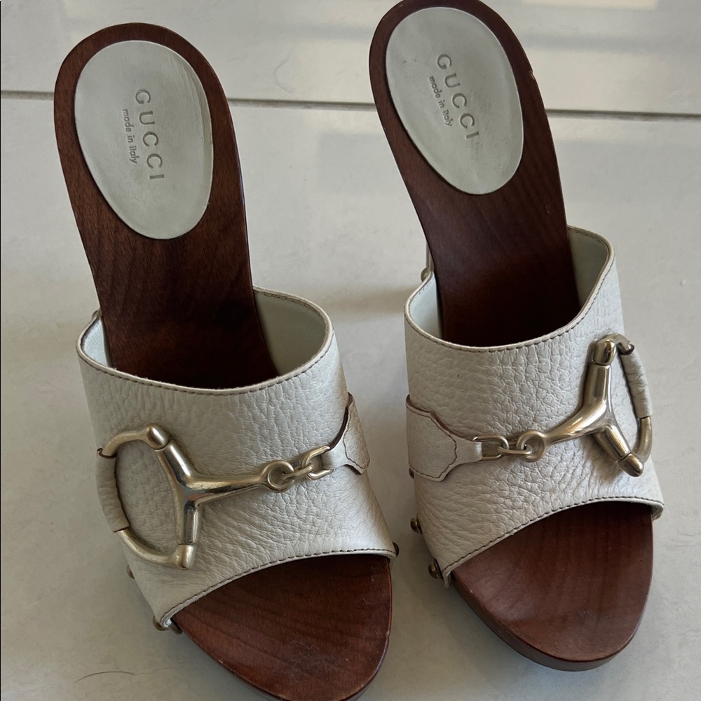 Gucci Women's Off-White Leather Mules with Gold Accent